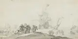 Ludolf Backhuysen the Elder, The Arrival of William III and Mara Stuart in Torbay on 15 November 1688, Pen and brush in gray on ribbed paper (watermark)
