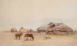 August von Pettenkofen, Puszta Landscape with Horses, Watercolour