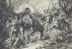 Franz von Stuck, Cavalry battle, Pen and brush in black