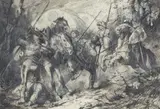 Franz von Stuck, Cavalry battle, Pen and brush in black