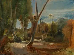 Carl Blechen, Wooded Landscape with a Factory, Oil on paper. mounted on cardboard