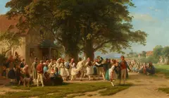 Jakob Hoff, Dance festival under the lime trees in traditional Schwalm costumes, Oil on canvas