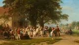 Jakob Hoff, Dance festival under the lime trees in traditional Schwalm costumes, Oil on canvas