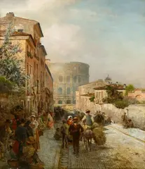 Oswald Achenbach, A Street in Rome with a View of the Colosseum, Oil on canvas