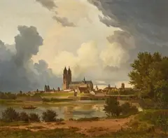 Carl Hasenpflug, Blick über die Elbe auf Magdeburg, Oil on canvas, mounted on cardboard