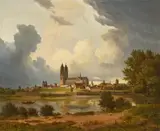 Carl Hasenpflug, Blick über die Elbe auf Magdeburg, Oil on canvas, mounted on cardboard