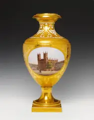 Königliche Porzellanmanufaktur Berlin Kpm, A Berlin KPM porcelain vase with views of Berlin, Model 'Munich vase no. 1' with fine foliate etching to the gilt ground and the white ground of the neck. Two labelled scenes of the Berlin Museum and the Berlin Werdesche Church within oval reserves to the body. Blue sceptre mark, red imperial orb mark over KPM. H