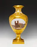 A Berlin KPM porcelain vase with views of Berlin by Königliche Porzellanmanufaktur Berlin Kpm, Model 'Munich vase no. 1' with fine foliate etching to the gilt ground and the white ground of the neck. Two labelled sc, sold Jun 2025
