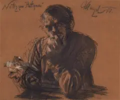 Adolph von Menzel, Selfportrait. Sketch of " The Antiquarian", Charcoal and chalk on brown paper