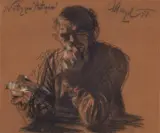Adolph von Menzel, Selfportrait. Sketch of " The Antiquarian", Charcoal and chalk on brown paper