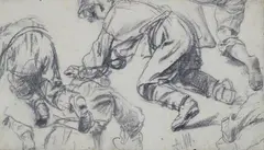 Adolph von Menzel, Study sheet with kneeling figures, Pencil and charcoal on paper