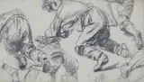 Adolph von Menzel, Study sheet with kneeling figures, Pencil and charcoal on paper