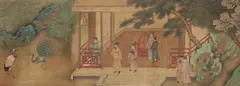 Qiu Ying, Palace garden scenes. Qing dynasty, Horizontal scroll. Ink and colousr on silk. Inscription Qiu Ying shi fu zhi, sealed Shizhou. Colophon by Zeng Guofan (1811–1872) and one more