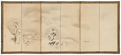Kanō Masunobu, A six-panel screen, Displaying a winter landscape with flying geese under a full moon above a lake on the right, and snow-laden rocks, trees and houses on the left. Ink on paper. Signed Masanobu and two seals, the second Shōinshi. Few stains