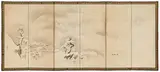 Kanō Masunobu, A six-panel screen, Displaying a winter landscape with flying geese under a full moon above a lake on the right, and snow-laden rocks, trees and houses on the left. Ink on paper. Signed Masanobu and two seals, the second Shōinshi. Few stains