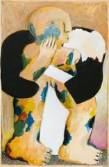 Untitled (Weibliche buntgefleckte Figur mit schwarzer Boa) by Horst Antes, 1966, Gouache, Indian ink and pencil on artist's board, sold May 2025