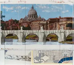 Christo, Ponte Sant'Angelo, Wrapped, Project for Rome, 2011, Colour silkscreen and fabric-collage on paper on card