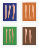 Günther Förg, Mr Blue, Mr Orange, Mr Green, Mr Brown, 2002, Tempera auf Kupfer. Auf Holzrahmen montiert