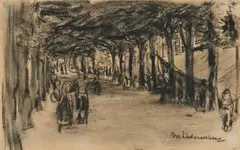 Max Liebermann, Niederländische Dorfstraße, Circa 1910, Chalk drawing on brownish drawing paper
