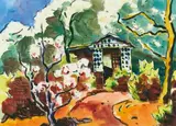 Karl Schmidt-Rottluff, Blühende Bäume und Gartenhäuschen, 1939, Watercolour on ivory-coloured laid paper with watermark "PM"