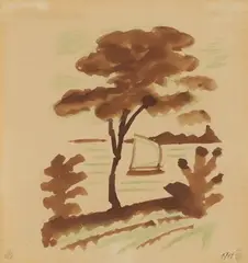 August Macke, Baum und Segelboot I, 1911, India ink and colour chalk on squared paper