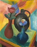 Martel Schwichtenberg, Stillleben mit Blumenvasen und Krug, 1920, Oil on painting card