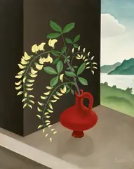 Albin Edelhoff, Vase mit weißem Blütenzweig, Oil on wood