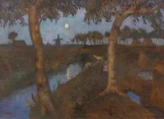 Mondaufgang im Moor. Rückseitig Fuchsheide - blühender Hügel by Otto Modersohn, Circa 1925, Oil on canvas, sold May 2025
