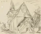 Lyonel Feininger, Kirche von Eichelborn, 1914, Chalk drawing on punched paper with "Minsen F No" watermark