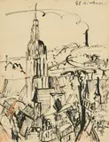 Ernst Ludwig Kirchner, Frankfurter Dom, 1916, India ink and colour chalk on card