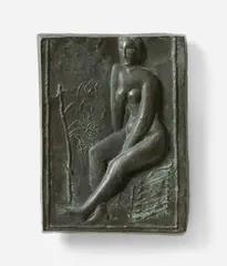 Moissey Kogan, Sitzender weiblicher Akt neben einer Pflanze, Circa 1925, Bronze relief