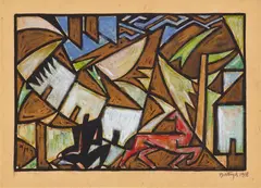 Sándor Bortnyik, Landschaft mit Häusern und Pferd, 1918, Gouache and brush and India ink on chamois-coloured, slightly ribbed paper