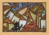 Sándor Bortnyik, Landschaft mit Häusern und Pferd, 1918, Gouache and brush and India ink on chamois-coloured, slightly ribbed paper