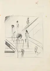 Oskar Schlemmer, Bauhaustreppe, 1928, Pencil drawing on thin paper, printed in black verso (on the verso of a Bauhaus printed matter, the left margin perforated)
