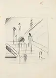 Oskar Schlemmer, Bauhaustreppe, 1928, Pencil drawing on thin paper, printed in black verso (on the verso of a Bauhaus printed matter, the left margin perforated)