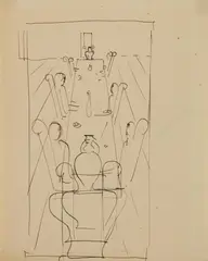 Oskar Schlemmer, Tischgesellschaft, 1923, Pen and ink on thin paper with perforation at the upper margin