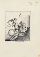Oskar Schlemmer, Sitzendengruppe (Gruppe im Raum mit Lampe), 1930, Pencil drawing on thin paper, printed in black on verso (on the verso of a Bauhaus printed matter, the left margin perforated)