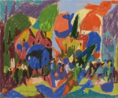 Adolf Hölzel, Untitled (Bergdorf mit Figurengruppe), After 1932, Pastel on light brown velour paper, laid down on card