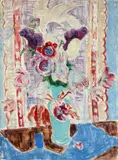 Maria Caspar-Filser, Flieder und Tulpen in türkisblauer Vase vor Vogelmotivtuch und hellblauem Grund, 1948, Oil on canvas