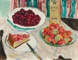 Maria Caspar-Filser, Kirschen und Erdbeeren mit Kuchenstück und Maraschinoflasche, 1949, Oil on canvas