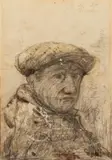 Franz Radziwill, Selbstportrait, 1927, Pencil on postcard. Verso: message to Marie Scharf, Emden