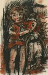 Kind mit Puppe by Rudolf Wacker, 1937, Red and black colour chalks on paper, sold May 2025