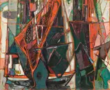 Max Kaus, Fischerboote (Amrum), 1952, Oil on fibreboard