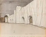 Christo, The Wall (Project for a Wrapped Roman Wall) Porta Pinciana delle mura Aureliane, Via Vittorio Veneto and Villa Borghese, 1974, Pencil, charcoal, pastel, fabric, thread and staples, collaged on card on plastic