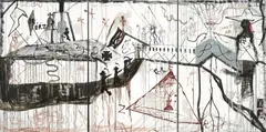 Jonathan Meese, Garten Eden I (der lederne Fisch), 2004, Oil and collage on canvas, 3 parts