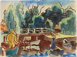 Karl Schmidt-Rottluff, Flusslandschaft mit Brücke (Leba), Circa 1934/1935, Watercolour and brush and India ink on laid paper