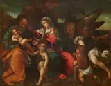 The Holy Family with Tobias and the Archangel by Bonifazio de' Pitati, called Bonifazio Veronese, copy after, Oil on canvas, sold May 2025
