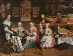 Dutch School c. 1650 & 60, Three Young Girls with a Maid in a Pantry, Oil on canvas (relined)