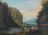 French School 18th century, Capriccio with Figures Bathing, Oil on panel