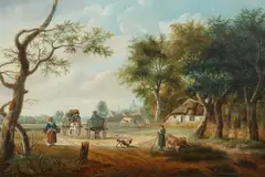 Travellers and Peasants with Horses and Wagons on a Country Road by Hendrik Keun, Oil on panel, sold May 2025
